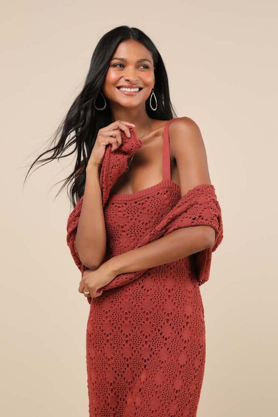 Lulus Rust Crochet Knit Two Piece Cropped Sweater Midi Dress Size XS NEW